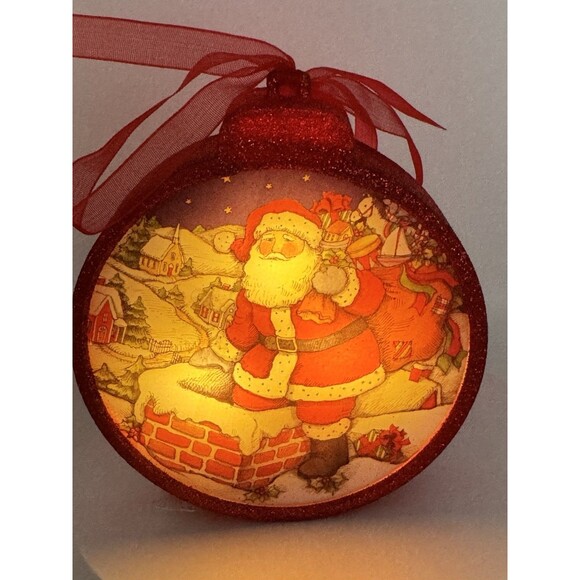 Set of 2 Illuminated Christmas Tree Ornaments Red Circle Santa & Stockings 4.25” - Picture 4 of 11